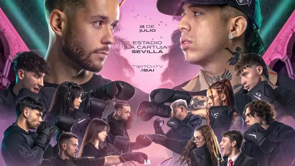 Poster publicitario de La Velada del Año|Foto: Instagram / @ibaillanos La Velada del Año V de Ibai Llanos batió récord con 9 millones de espectadores en Twitch y reunió a 80.000 personas en Sevilla, combinando combates de streamers y conciertos durante siete horas.