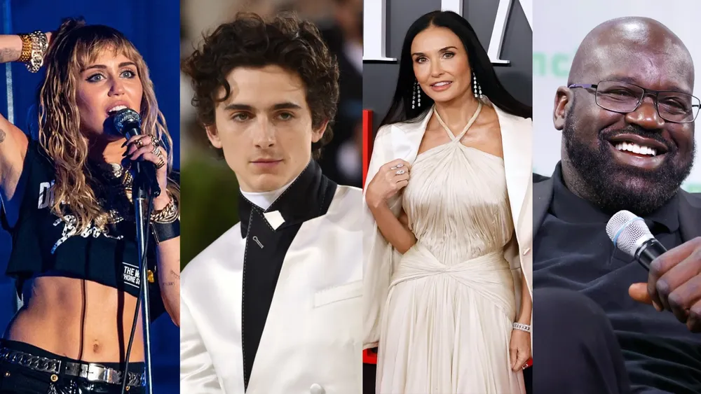 Miley Cyrus, Timothée Chalamet, Demi Moore y Shaquille O’Neal. Foto: Wikimedia Commons / Goodfon / Getty Images