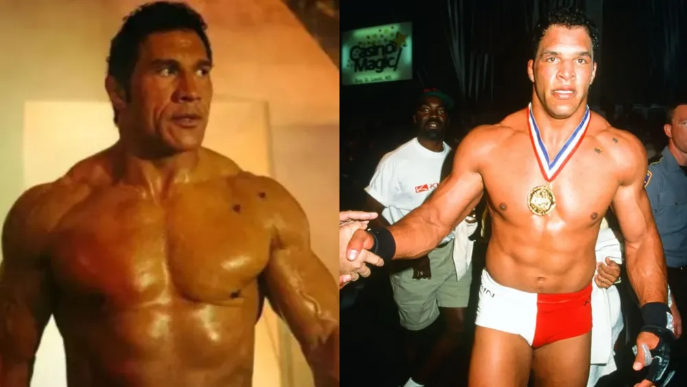 A la izquierda Dwayne Johnson en "The Smashing Machine", a la derecha Mark Kerr (1997)|Foto: Getty / A24