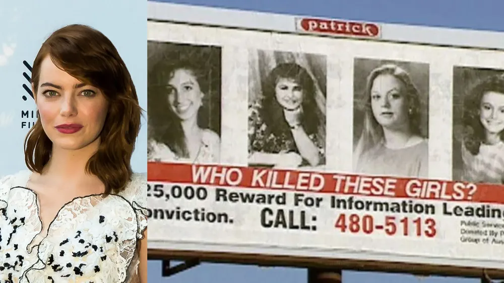 A la izquierda Ema Stone, a la derecha una valla publicitaria con las 4 victimas de Austin, Texas|Foto: Steve Disenhof