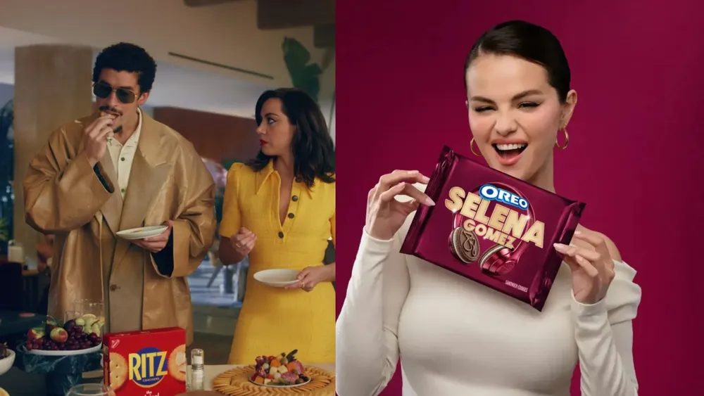 Bad Bunny en un comercial para Ritz y Selena Gómez promocionando su versión de Oreo|Foto: Mondelez International Group
